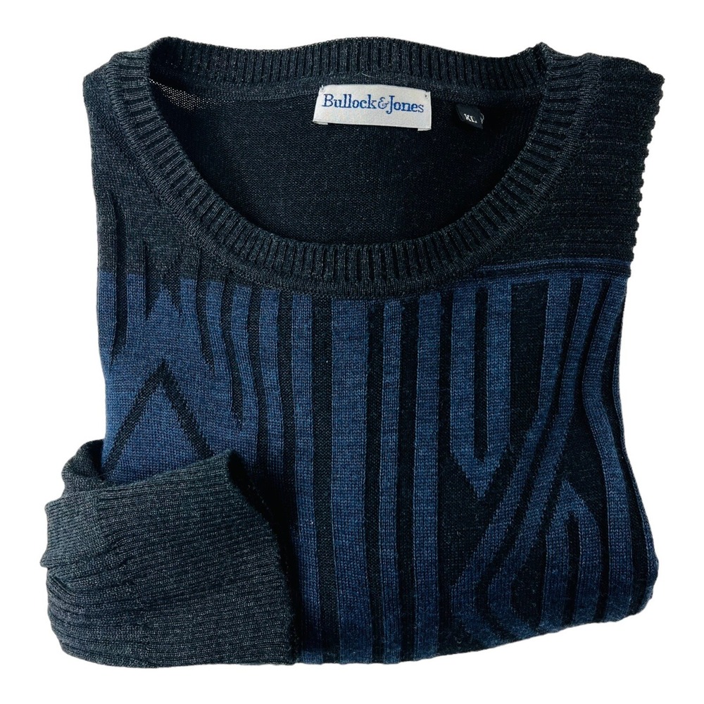 VTG Bullock &‎ Jones Blue & Gray Abstract Wool Acrylic Long Sleeve Sweater Sz XL